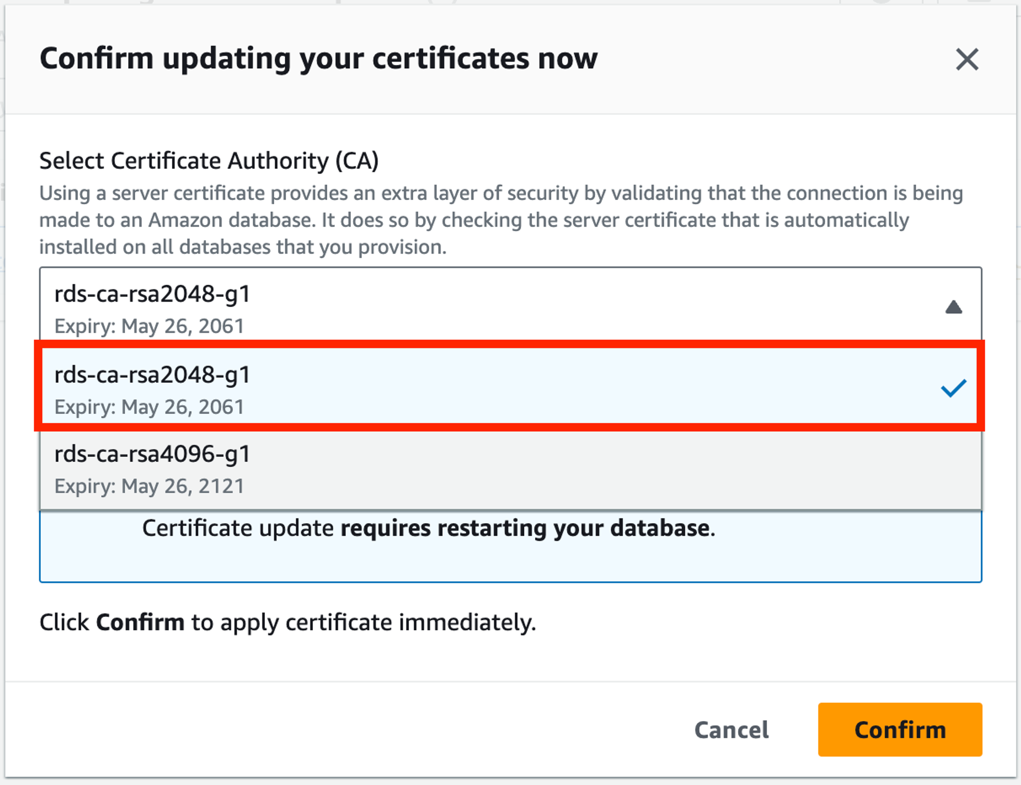 選擇 rds-ca-rsa2048-g1（此憑證與原先的 rds-ca-2019 有相同加密標準，可參考AWS官方文件：